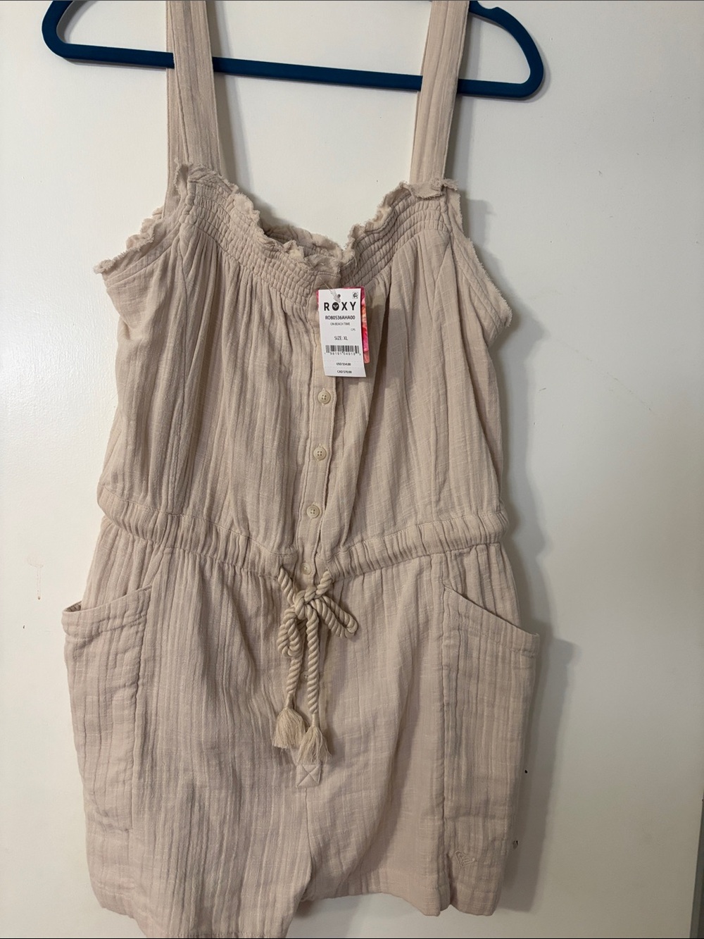 Roxy Cream Textured Button-Front Tie-Waist Romper